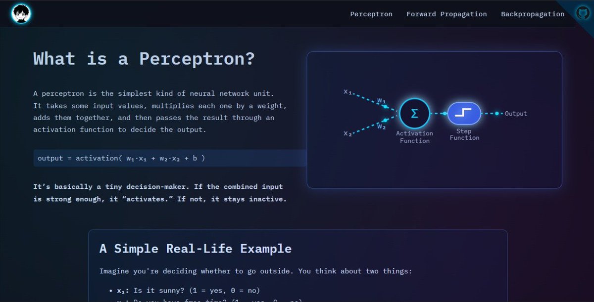 OmCodex_tweets's tweet image. Hey 👋🏻 chat,

Just deployed my static webpage built using my learnings + HTML, CSS, JS + ChatGPT!
It visualizes neural networks — from perceptrons to backpropagation, with smooth animations ⚡

🌐 Live on Netlify → neural-nets.netlify.app

Transforming learning into visuals 🎨
