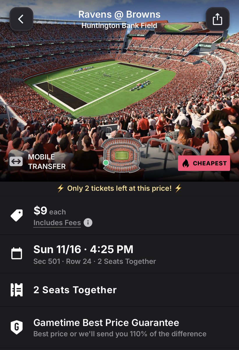 nflmikey_'s tweet image. UPDATE: #Browns tickets to Sundays game have dropped to NINE dollars…

It is less expensive to go watch Myles Garrett and Lamar Jackson battle it out, than it is to go to your local McDonald’s and pick up a Quarter Pounder. 🤯🤯🤯