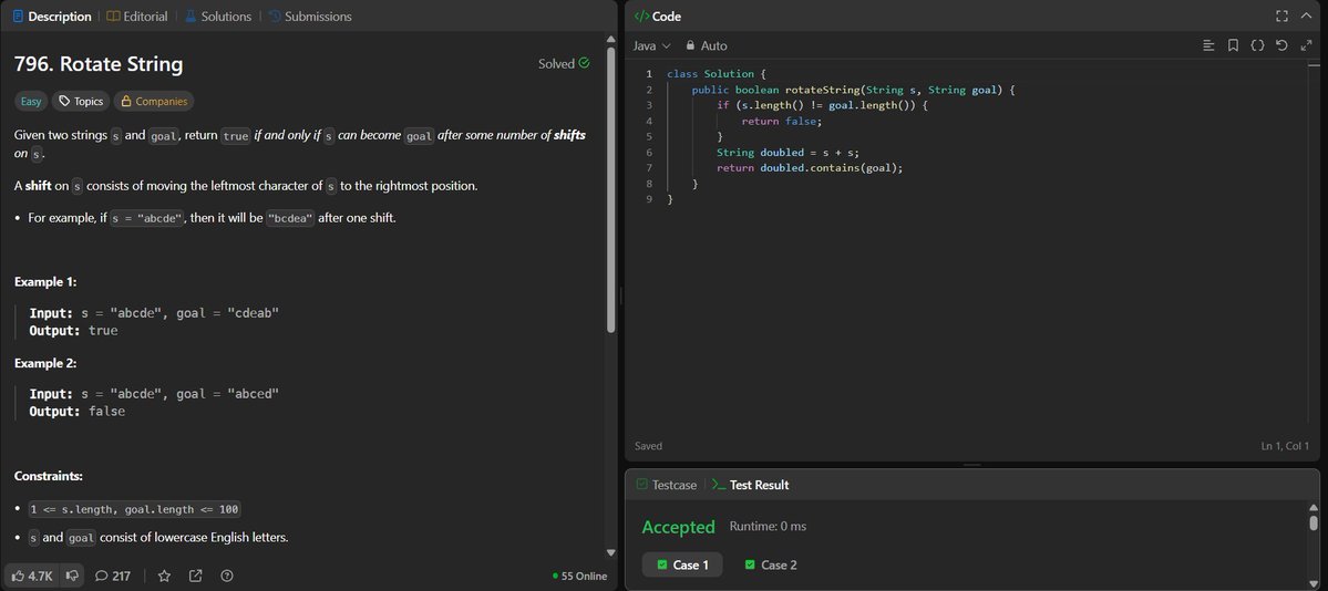 rituu_09's tweet image. Day 316 of 2025:                                   
👩‍💻 Code to Crack Companies!
▫️Rotate String
▫️Valid Anagram
#PlacementPrep #2025Goals #leetcode #letsconnect