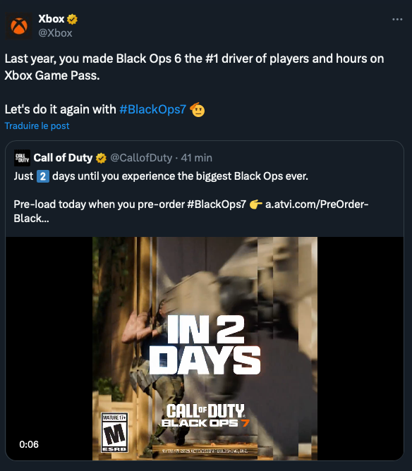 CoDQG_'s tweet image. 🔥 Call of Duty: Black Ops 6 a été un carton sur le Xbox Game Pass !

Le jeu était l'an passé  N°1 en nombre de joueurs et d’heures jouées.

#CallOfDuty #BlackOps6 #Xbox #GamePass #BlackOps7