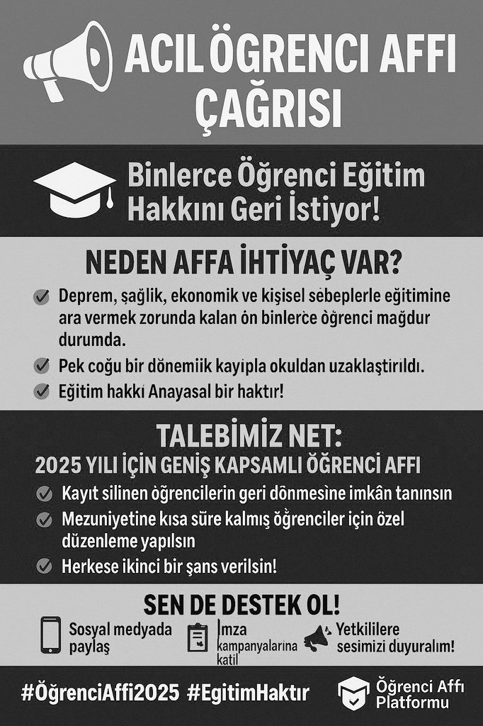 <a href="/MhpTbmmGrubu/">MHP TBMM Grubu #MHP</a> <a href="/LeventUysalNEV/">Levent Uysal</a> Kimisi depremden kimisi ekonomik kimisi sağlık sorunlarından dolayı okulunu bırakmak zorunda kaldı. Biz sadece yarıda bırakmak zorunda kaldığımız okullarımıza geri dönebilmek ve eğitimimizi tamamlamak istiyoruz. #öğrenciaffı