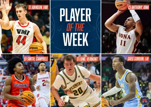 The first week is in the books, and we have a new wrinkle to our player of the week. Here are the five finalists, and you decide who gets the title:
TJ Long (<a href="/UVMmbb/">UVM Men's Basketball</a>)
DJ Smith (<a href="/GoCamelsMBB/">Campbell Basketball</a>)
CJ Anthony (<a href="/IonaGaelsMBB/">Iona Men’s Basketball</a>)
Greg Gordon (<a href="/LIUBasketball/">LIU Men’s Basketball</a>)
TJ Johnson (<a href="/VMI_Basketball/">VMI Basketball</a>)