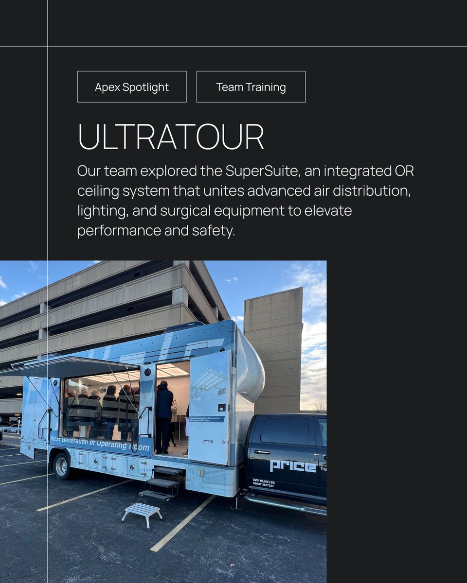 APEXDB's tweet image. The Price Industries #UltraTour stopped by Apex today! We explored the SuperSuite — a #PriceIndustries x #Stryker innovation that combines air, light &amp;amp; equipment for smarter, safer ORs. Big thanks to The Brucker Company for bringing it to us!
#Apex #HealthcareDesign #ORDesign