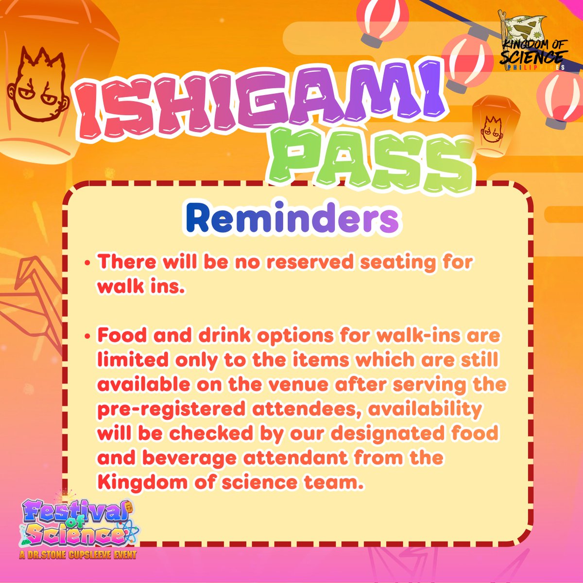drstPHcommunity's tweet photo. 💥🧪 Missed the registration, Sciencers? No worries! 👀✨

Grab the Ishigami Pass for walk-ins! ⚗️💚
Access the Artist Alley 🎨 + Mini Games 🎯 and join the fun!

⚠️ Limited passes — get yours by buying at least 1 drink from the menu. 🍹 https://t.co/f2eTGs5so8