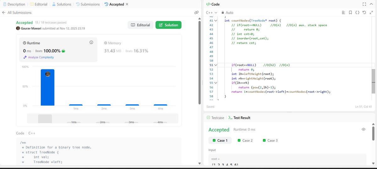 gauravmawari18's tweet image. 🌟 Day 225/∞ 🚀
Solved Count Complete Tree Nodes 🌳🔢
💡 Used DFS for basic counting and an optimized binary search + height check approach for complete trees.
Time Complexity: O((log n)²) | Space: O(h) ⚡

#LeetCode #DSA #BinaryTree #BinarySearch #DFS #CodeEveryday #KeepCoding