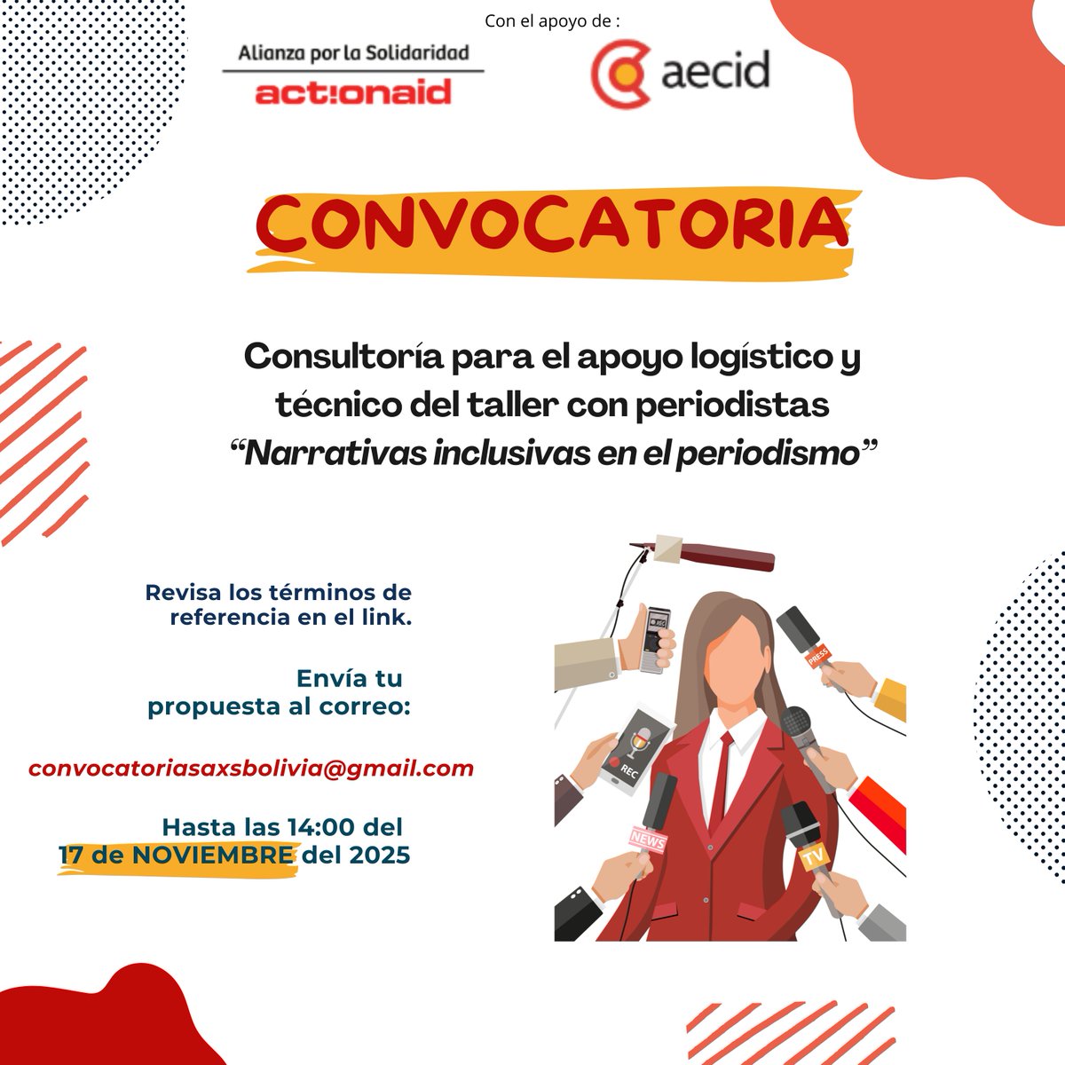 📢 CONVOCATORIA PÚBLICA

Buscamos consultoría para el apoyo logístico y técnico del taller con periodistas “Narrativas inclusivas en el periodismo”.💜

📄 TDR: aporlasolidaridad-my.sharepoint.com/:b:/g/personal… 
💌 convocatoriasaxsbolivia@gmail.com 
⏰ Plazo: 17/11/2025 – 14:00

#Consultoría #Bolivia
