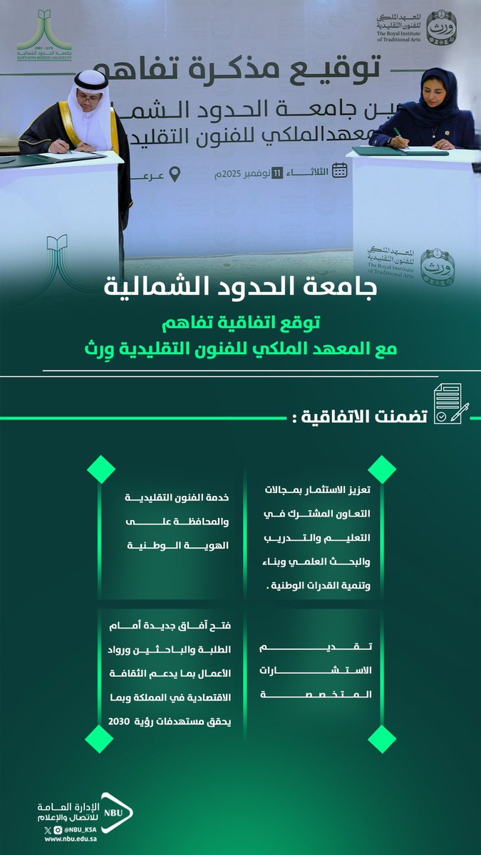 #جامعة_الحدود_الشمالية تعزّز شراكاتها الإستراتيجية بتوقيع اتفاقية تفاهم مع المعهد الملكي للفنون التقليدية #وِرث تسهم في خدمة الفنون الوطنية وتعزيز الهوية الثقافية وتمكين الطلبة بما يواكب مستهدفات #رؤية_السعودية_2030