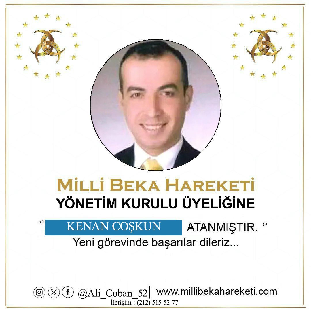 Milli Beka Hareketi Genel Merkez Yönetim Kurulu Üyeliğine değerli dava insanı Sayın Kenan Coşkun atanmıştır.

1978 yılında Bursa’da doğan Sayın Coşkun, Boğaziçi Üniversitesi Ekonomi ve Uluslararası Yönetim bölümlerinden mezun olmuş, aynı alanlarda doktora eğitimini tamamlamıştır.