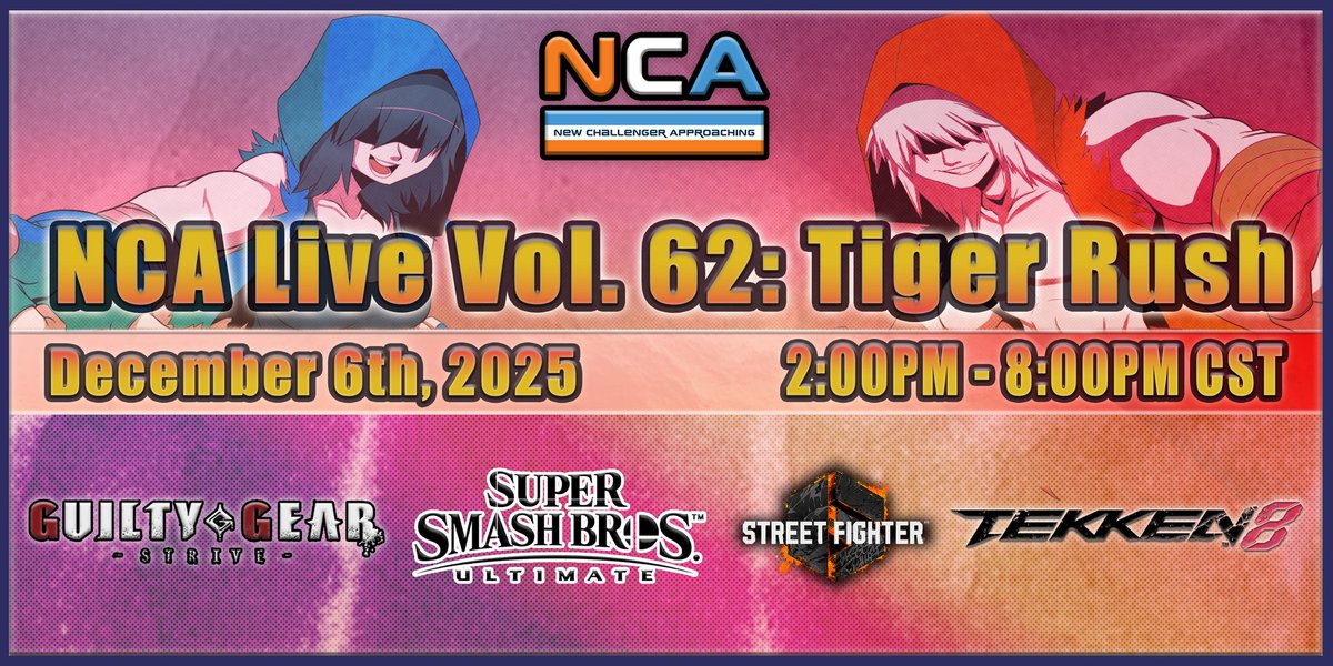 NCA final monthly event is going down at Auburn University on December 6th 2025. From 2:00pm to 8:00PM!

In room 2222 (2nd floor of Melton Student Center)

Sign up: [start.gg/tournament/nca…]

Game with the most pre-registers gets matcherino support!
#FGC #tournament #monthly