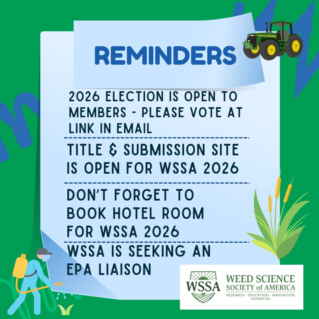 WorldofWeeds's tweet image. 🚨 Attention #WSSA Members!
Be sure to check your email for important updates, reminders, and links to upcoming deadlines and opportunities. Stay informed and don’t miss out! 💻📩

#WSSA2026 #weedscience #invasiveplants