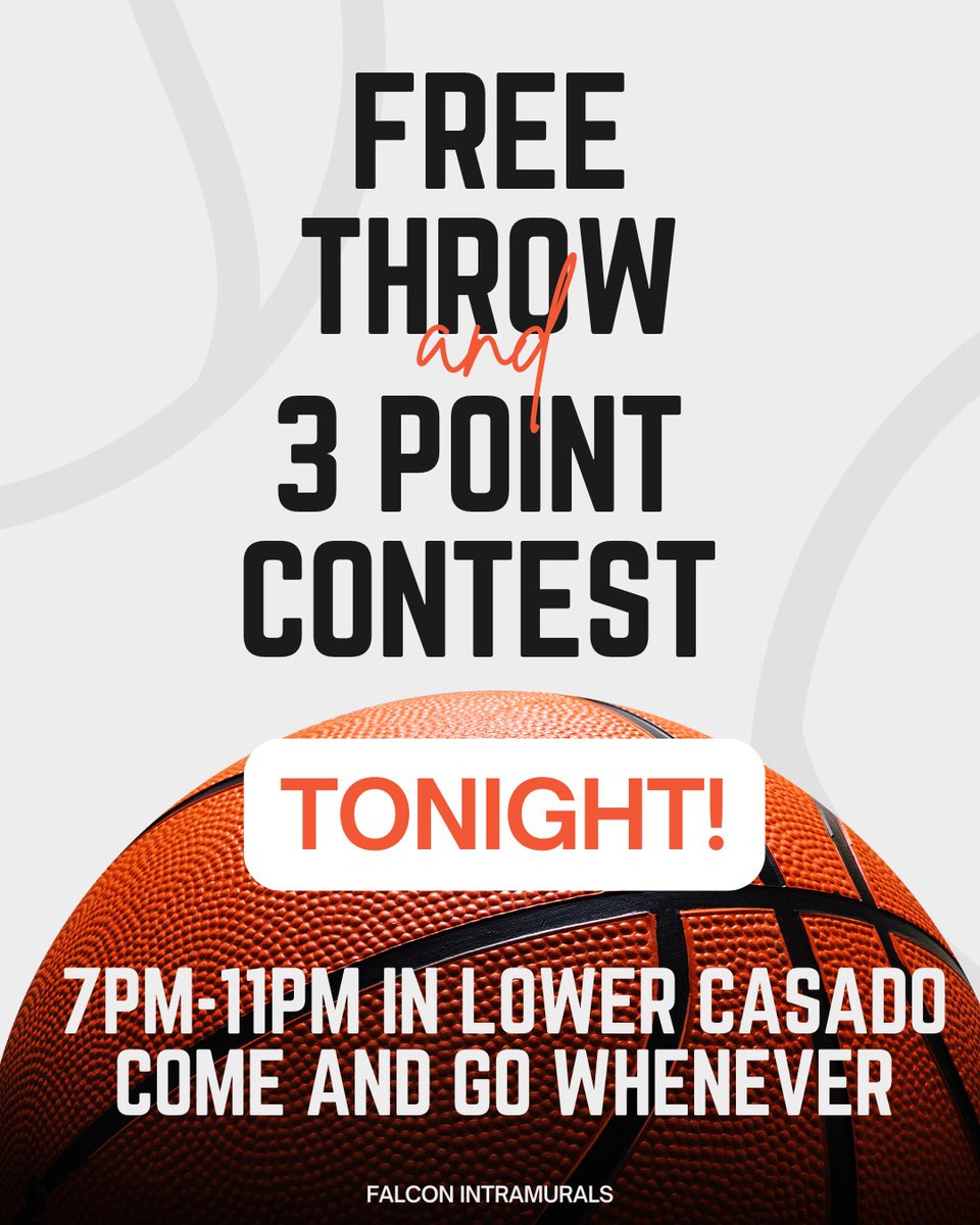 Free throw and the 3 point contest are tonight! 
📍 Lower Casado
⏰ 7pm-11pm
⭐️ Come and go whenever
