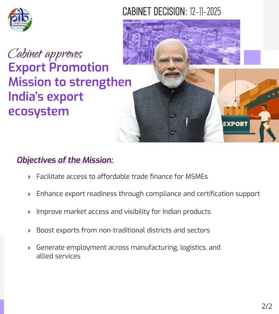 PIBSrinagar's tweet image. The Mission is expected to:

➤ Facilitate access to affordable trade finance for MSMEs

➤ Enhance export readiness through compliance and certification support

Read here: pib.gov.in/PressReleseDet…

#CabinetDecisions