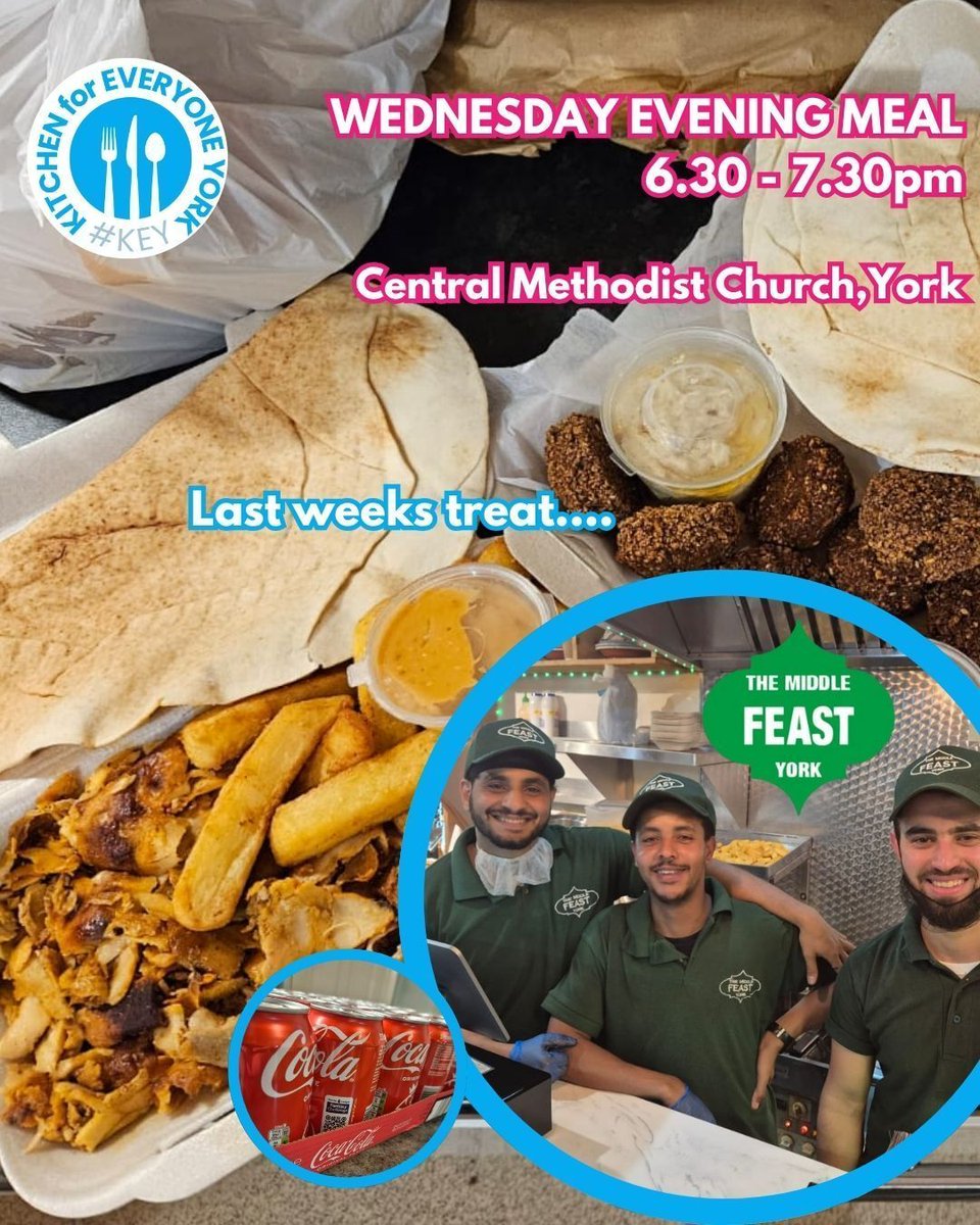 Every Wednesday, serve up a hot meal for anyone in need from 6.30 - 7.30pm at the Central Methodist Church, York. 

Each week we do a different meal, and last week we were truly spoiled by the amazing team at The Middle Feast. Come and find out what's on the menu this week.