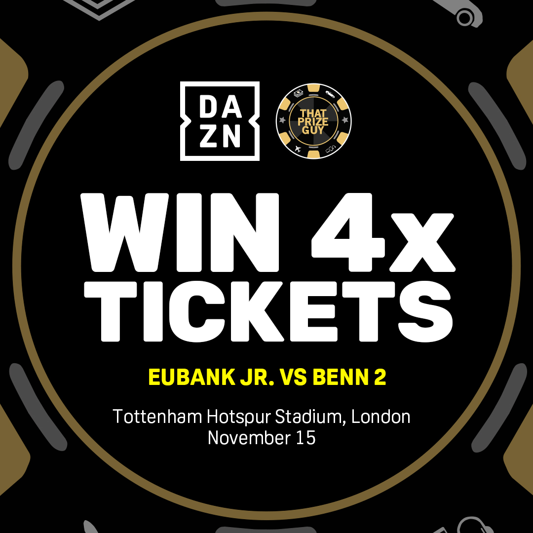 DAZN Boxing 🤝 @thatprizeguy

For a chance to win 4x tickets to Eubank Jr vs Benn 2 Like this post, follow @thatprizeguy and @daznboxing and tag 3 mates you’re taking with you!

Restrictions apply. See T&amp;Cs on help.dazn.com
