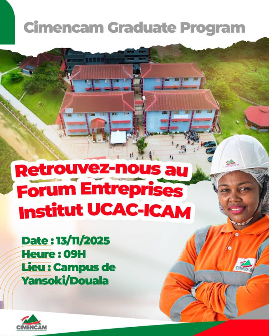 Cimentcameroun's tweet image. Nous serons présents demain au Forum Entreprises à l&apos;institut UCAC-ICAM  dans le cadre du Cimencam Graduate Program, pour échanger, partager et inspirer la nouvelle génération.

#CIMENCAM #GraduateProgram #JeunesTalents #Carrières #Recrutement