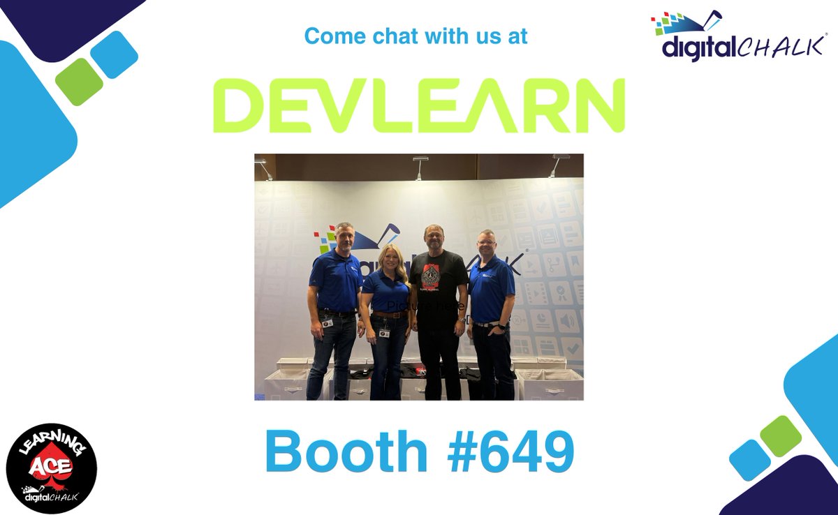 digitalchalk's tweet image. Calling all Learning Aces! ♠️  Day 1 at #DevLearn2025 is on! 🎉
Stop by Booth #649 today + tomorrow!

👋 Meet Troy, Jane, Aaron and Derian
👕 Grab a Learning Ace T-shirt
👜 Win a Kate Spade purse

Let’s talk learning engagement &amp;amp; innovation. 
#devlearn