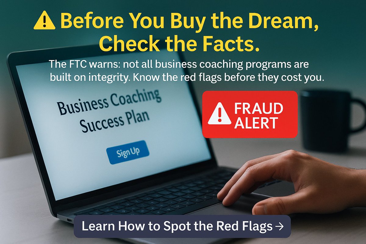talk2cc's tweet image. Thinking about joining a business coaching program? 
The FTC just reminded us: not all are built on integrity. 
Before you buy the dream, check the facts.
Learn how to spot red flags before they cost you. &amp;gt; na2.hubs.ly/H021syy0
#ftcscamalert #completecontroller #coaching