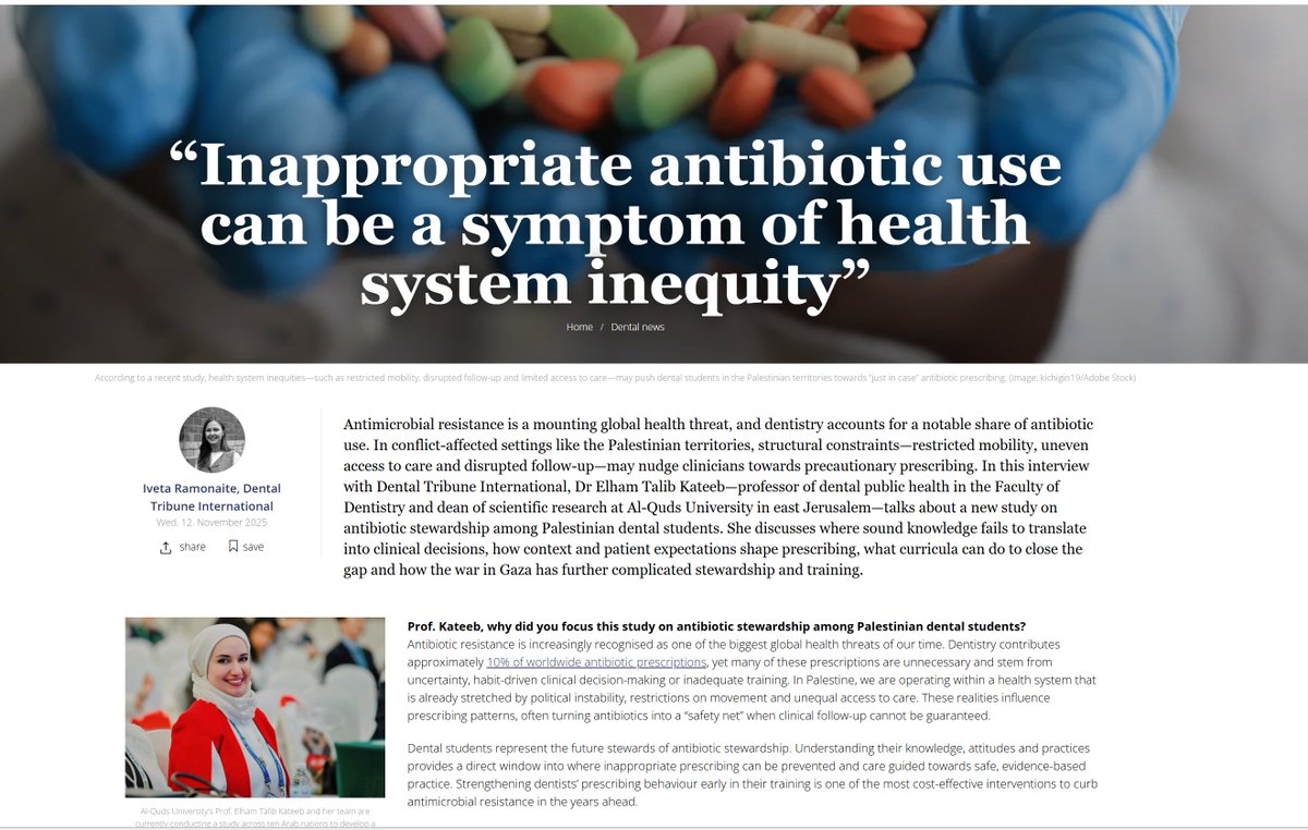 When antibiotic misuse/overuse tells a bigger story!
A recent <a href="/DentalTribuneIn/">Dental Tribune Int.</a> feature on our study emphasized an important insight: "Inappropriate antibiotic use is often a symptom of health-system inequity, not merely a lack of professional knowledge."
dental-tribune.com/news/inappropr…