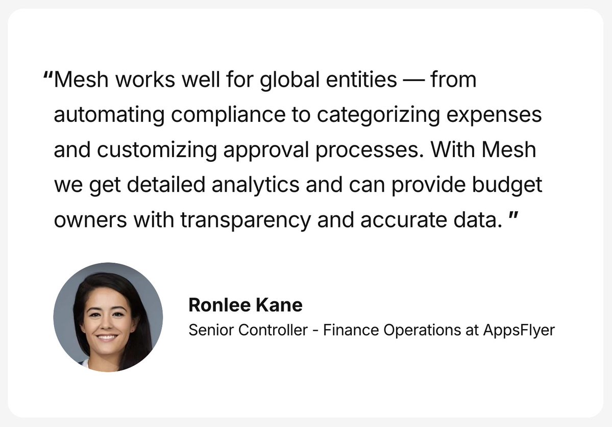 meshpayments's tweet image. Empowering global teams with visibility, accuracy, and control. Thank you to AppsFlyer for trusting Mesh to simplify your financial operations! 🌍💳 
#FinanceAutomation #SpendManagement #MESH #Global
