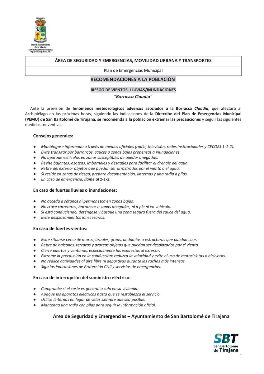 Recomendaciones a la población - "Borrasca Claudia" 
Más info.: buff.ly/k0pxM2Y