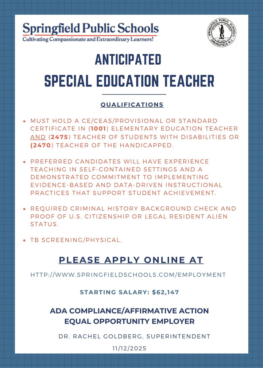 SpringfieldSchs's tweet image. Anticipated Special Education Teacher   

To Apply: applitrack.com/springfield/on…