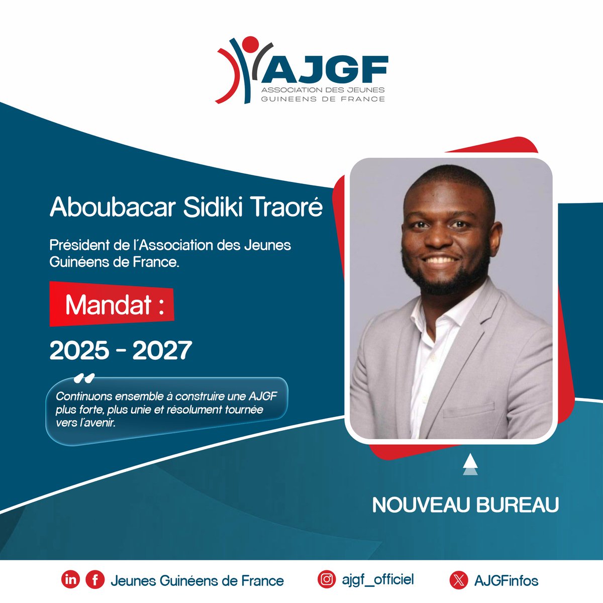1️⃣👨🏾‍💼𝐏𝐫𝐞́𝐬𝐢𝐝𝐞𝐧𝐭 ! 

L’Association des Jeunes Guinéens de France a l'honneur et le plaisir de vous présenter son nouveau Président, 𝐀𝐛𝐨𝐮𝐛𝐚𝐜𝐚𝐫 𝐒𝐢𝐝𝐢𝐤𝐢 𝐓𝐑𝐀𝐎𝐑É, élu à l’issue de l’Assemblée Générale élective tenue le Samedi 8 Novembre 2025 à Paris.