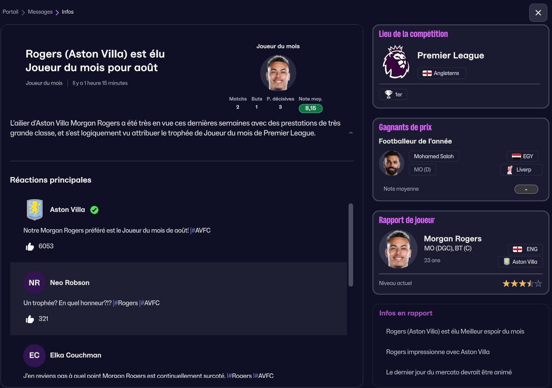 coach_creat's tweet photo. On commence à prendre le jeu en main ! #FM26 #CoachCreat #LegendFM #27ansdexpertise
On a déjà pris les trophées de "Coach du mois", du "plus beau but du mois" avec John McGuinn et celui de
"joueur du mois" avec le petit prodige Morgan Rogers.
J'aime bien ce petit effectif ! ⚽️❤️ https://t.co/Rjf8AZe5gP