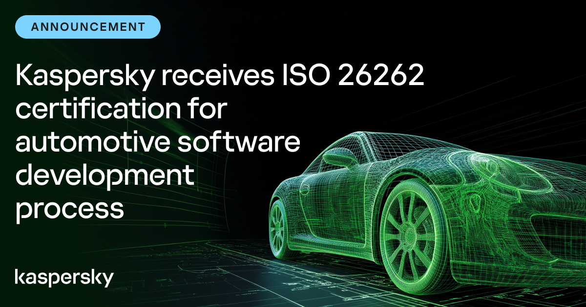 kaspersky's tweet photo. Big news for secure mobility 🚗
Kaspersky is now ISO 26262 certified — meeting the global standard for functional safety in automotive software.

Safe. Reliable. Cyber Immune.
Learn more 🔗 https://t.co/7np6fznjHT

#Automotive #CyberImmunity #ISO26262 #Kaspersky https://t.co/Qz6XBLMiyb