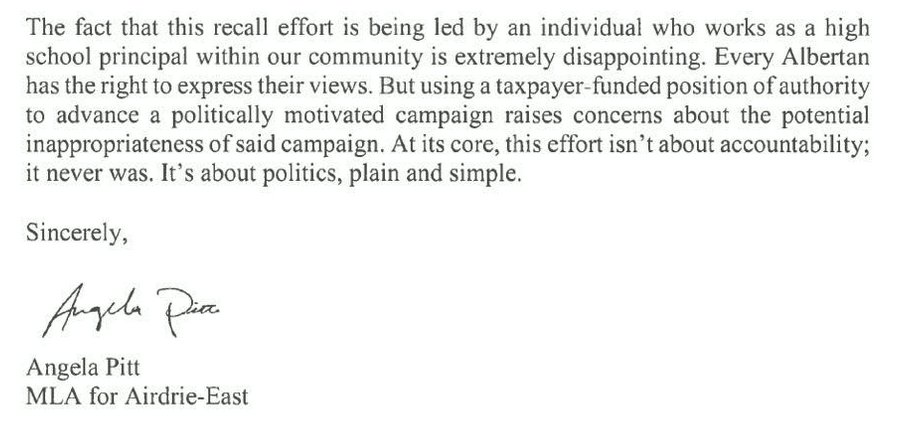MsLutzmann's tweet image. Today, Angela Pitt released a statement about the recall petition. As if using the notwithstanding clause wasn't enough, her letter ends with the clear implication that she doesn't feel Alberta educators should have freedom of speech and democratic participation. #abpoli #abed