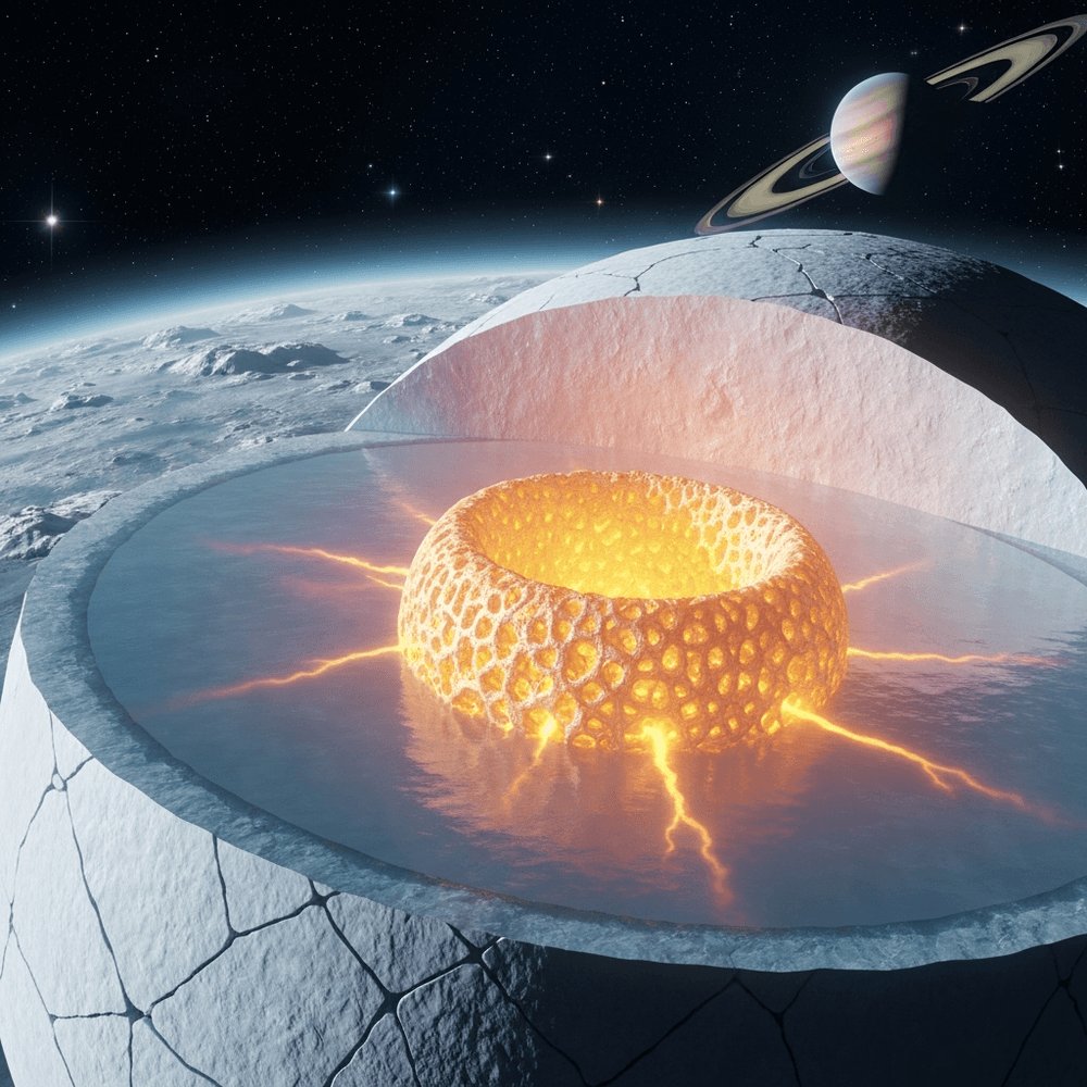 BuiltByEstrada's tweet photo. Enceladus, Saturn's icy moon, has the ultimate secret weapon for potential life! Its core? A porous, sponge-like marvel acting as a super-efficient internal heater, keeping its vast subsurface ocean warm & active for eons. Talk about cosmic plumbing! ๐ง๐ฅ #QuirkScience #Enceladus #SpaceFacts