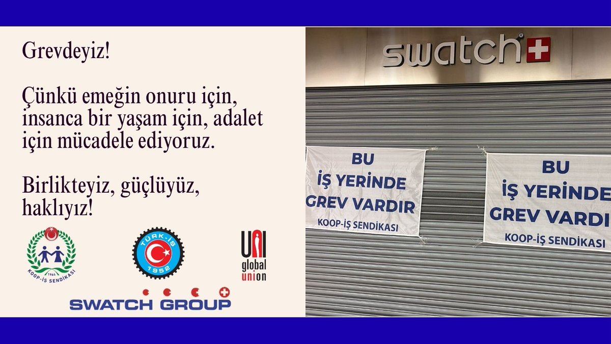 Alın teriyle, inançla, dayanışmayla yola çıktık.
Hakkımız olanı alıncaya kadar bu onurlu mücadeleden vazgeçmeyeceğiz!

⌚️ Emeğin zamanı geldi!

⏩️     #SwatchGroupÇalışanlarıGrevde    ⏪️

<a href="/Swatch/">Swatch</a> 
<a href="/swatchturkiye/">Swatch Türkiye</a> 
<a href="/SwatchINDIA/">Swatch India</a> 
<a href="/OmegaSwatch/">Swatch OMEGA ゲッター</a> 
<a href="/SwatchUK/">Swatch UK</a> 
<a href="/swatch_jp/">swatch_jp</a> 
<a href="/SwatchUS/">Swatch® US Official</a>