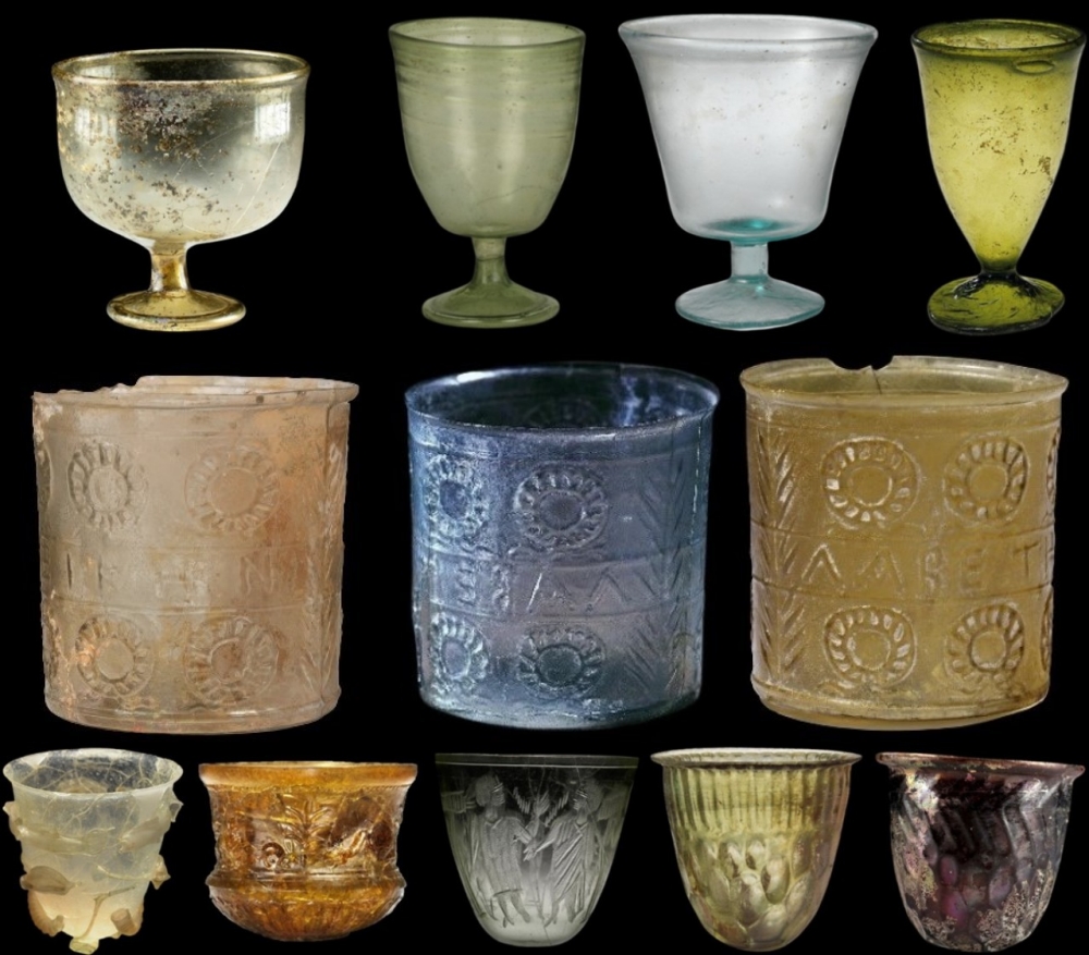 Roman glass vessels. Date: c. 1st century BC–2nd century AD. Medium: soda‑lime glass, blown freehand and in molds; forms include beakers with teardrop bosses, bird and grape flasks, amphoriskoi and head‑shaped flasks. Collections: The Metropolitan Museum of Art, New York. The