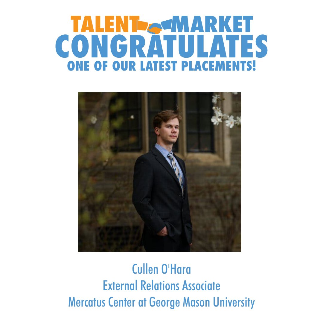 TalentMarket's tweet image. 🎉🎉 Congrats to recent Talent Market placement, Cullen O&apos;Hara, who joins @mercatus as their External Relations Associate! 🎉🎉 #talentmarketplacement #libertyjob