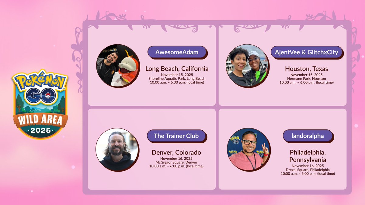 Look who’s  joining us at our Community Celebrations for #GOWildArea Global! 

<a href="/AwesomeAdamTV/">AwesomeAdam</a>
<a href="/AjentVee/">Vee</a> + <a href="/GlitchxCity/">Glitch</a> 
<a href="/thetrainerclubb/">The Trainer Club</a>
<a href="/landoralpha/">landoralpha</a>

pokemongo.com/news/community…