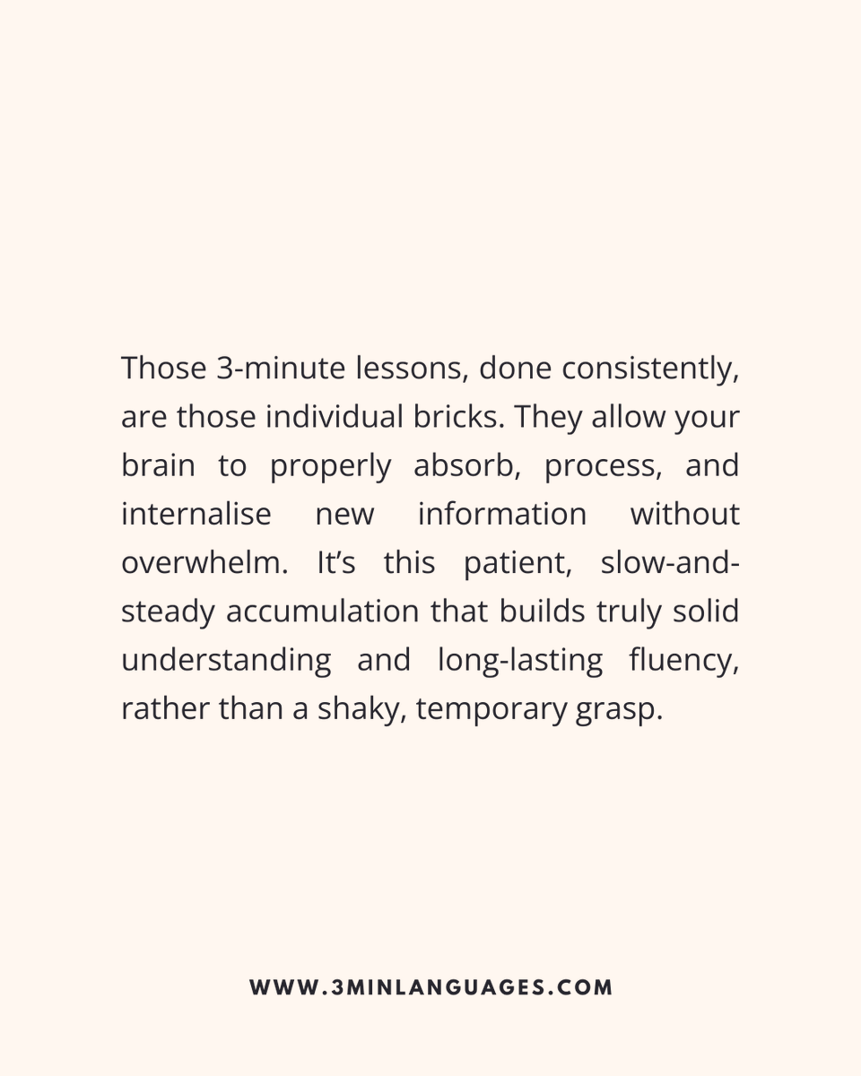 3MLanguages's tweet image. Build slowly; let the mortar set.
 That’s how it lasts.
 👉 Lay the next layer: 3minlanguages.com

#3MinuteLanguages #StudyIn3 #LanguageLearning #MicroLearning #Consistency #LearnFrench #LearnSpanish #LearnGerman #LearnItalian #LearnPortuguese