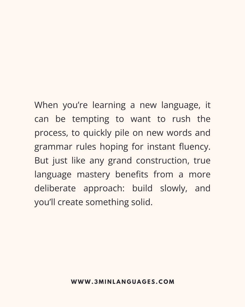 3MLanguages's tweet image. Build slowly; let the mortar set.
 That’s how it lasts.
 👉 Lay the next layer: 3minlanguages.com

#3MinuteLanguages #StudyIn3 #LanguageLearning #MicroLearning #Consistency #LearnFrench #LearnSpanish #LearnGerman #LearnItalian #LearnPortuguese