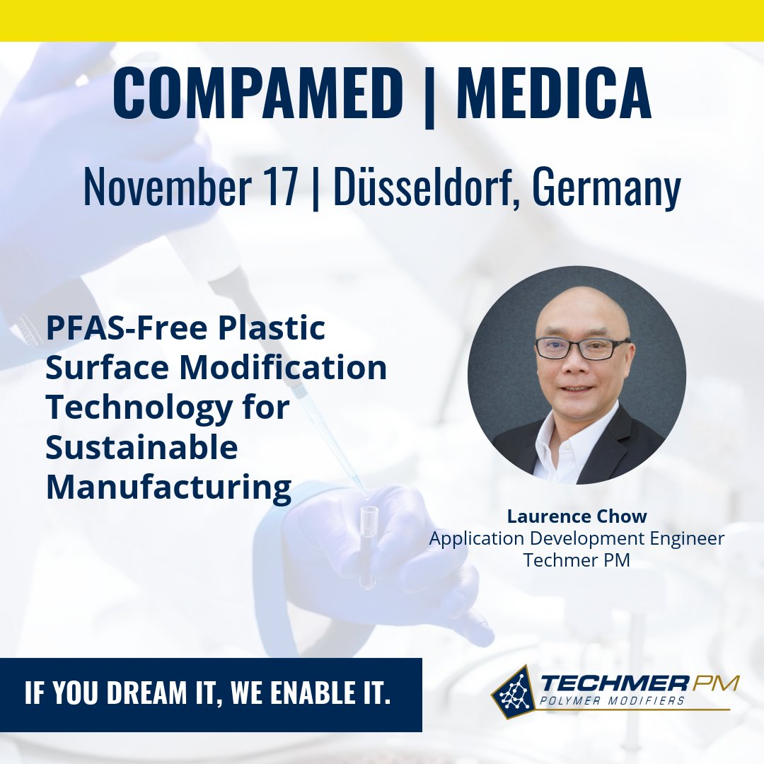 TechmerPM's tweet image. #TechmerPM’s Laurence Chow and #PremixGroup&apos;s Pasi Seppälä will take the stage at the COMPAMED Suppliers Forum to share insights on PFAS-free plastic surface modification technology for sustainable manufacturing.

Email us at globalmarketing@techmerpm.com to schedule a meeting.