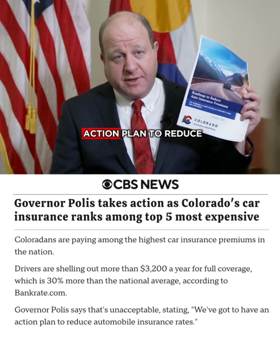 GovofCO's tweet image. Colorado drivers are paying some of the highest car insurance rates in the country, which needs to change.

I’m taking action to help lower costs. 💪 Our major action plan to increase public safety and reduce auto insurance premium costs targets safer roads, fewer accidents, and…