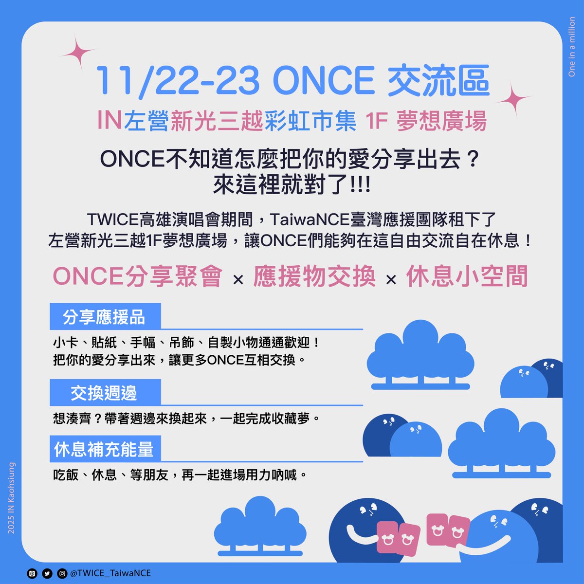 TWICE_TaiwaNCE's tweet photo. 🍭TaiwaNCE臺灣應援團隊公告🍭
11/22-11/23場外應援大公開

🍭ONCE 交流區🍭
不知道怎麼把你的愛分享出去？
來這裡就對了!!!!
TWICE高雄演唱會期間，TaiwaNCE臺灣應援團隊租下了左營新光三越1F夢想廣場，讓ONCE們能夠在這自由交流自在休息！
同時在旁邊設置拍貼機及拍照區～
讓這裡變成一個ONCE 的分享 × 交換 × 休息小空間🙌

✨ 你可以做什麼？

💗 分享應援品
小卡、貼紙、手幅、吊飾、自製小物通通歡迎！
把你的愛分享出來，讓更多ONCE互相交換。

💗 交換週邊
想湊齊？
帶著週邊來換起來，一起完成收藏夢。

💗 休息補充能量
吃飯、休息、等朋友，再一起進場用力吶喊。

🍭 ONCE 集合！TWICE 合照拍貼機來啦！ 🍭
📸 韓式拍貼機免費拍攝
準備好一起留下演唱會最嗨的紀念照了嗎？！

📍 左營新光三越 彩虹市集 1F 夢想廣場
📅 2025/11/22(六)～ 11/23(日)
🕙 10:00-15:30(9:45 開始發放號碼牌)

🚀 參加方式｜超簡單！
1. 出示已追蹤 TaiwaNCE IG🫶🏻
2. 拍照後於社群打卡分享
　即可領取 限量應援小卡(送完不補)

⚡ 現場規則｜保持節奏！
1. 人潮過多時將於 TaiwaNCE IG 限動 即時更新叫號進度
2. 過號 5 號以上需重新抽號碼牌
3.一張號碼牌 = 一次拍貼機會

可以多利用我們TaiwaNCE臺灣應援團隊網站唷！
Day1大合唱應援圖文影片版：https://t.co/RMSVmgYHF0
Day2大合唱應援圖文影片版：https://t.co/X6oSFUalku

📌 TaiwaNCE 官方連結：https://t.co/2XK3gHOuE1