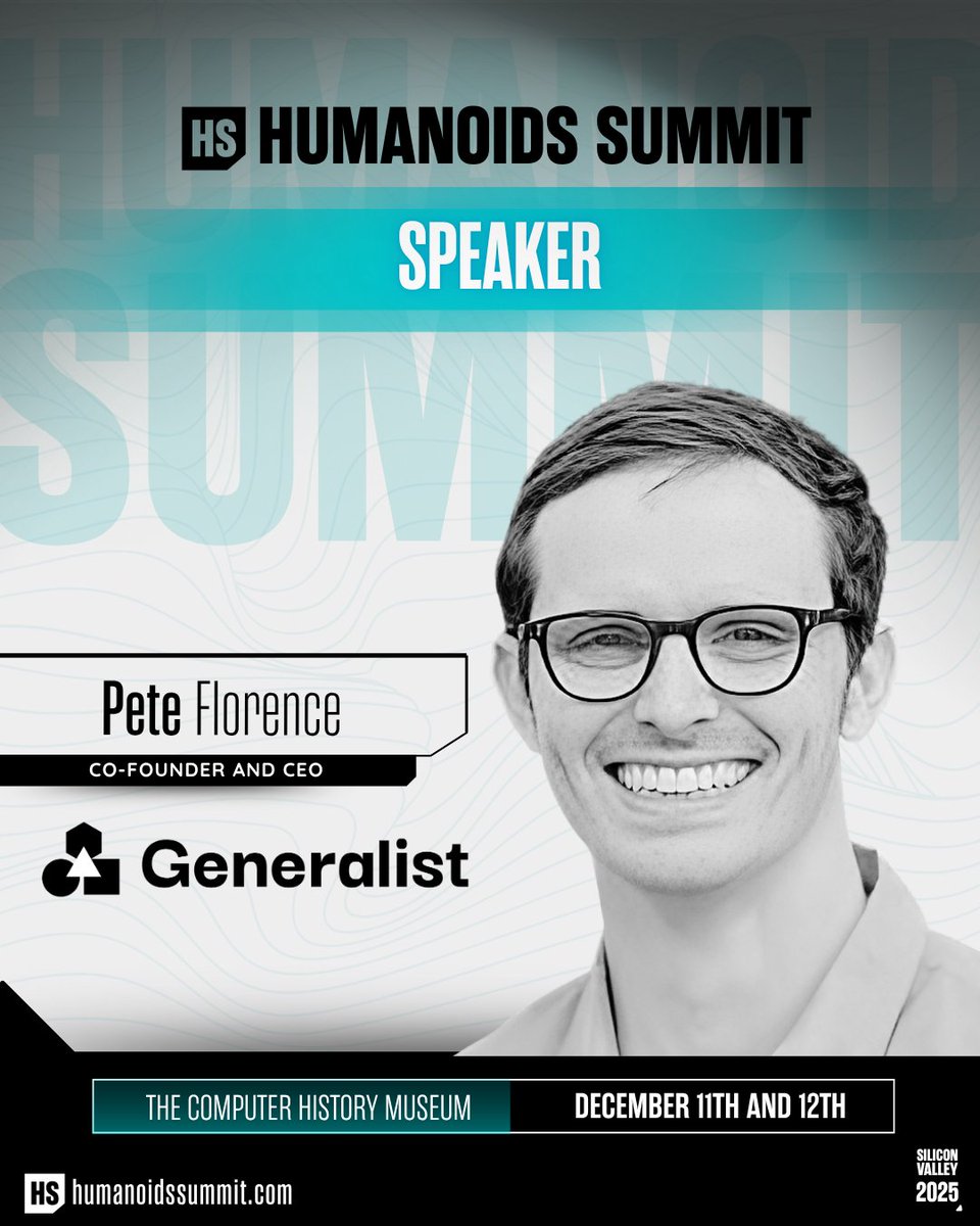 HumanoidsSummit's tweet image. Meet Pete Florence, CEO &amp;amp; Co-Founder of Generalist, as he unveils the future of humanoid robotics for real-world industry at Humanoids Summit.

🎟️ Secure your seat now: humanoidssummit.com

#HumanoidsSummit #EmbodiedAI #AI