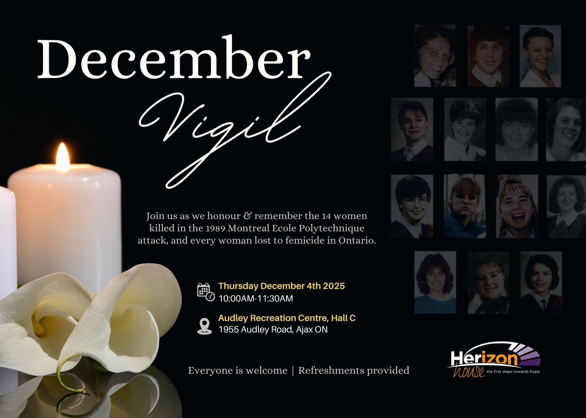 🕯️Join us for a memorable vigil to pay tribute to women lost to femicide. Everyone is welcome.

Register Free: bit.ly/4hYG3Gn

📆  Dec. 4, 2025
⏰  10:00am-11:30am
📍Audley Recreation Centre, Hall C
🚙 1955 Audley Road, Ajax ON

#DecemberVigil #JoinUs #EndFemicide