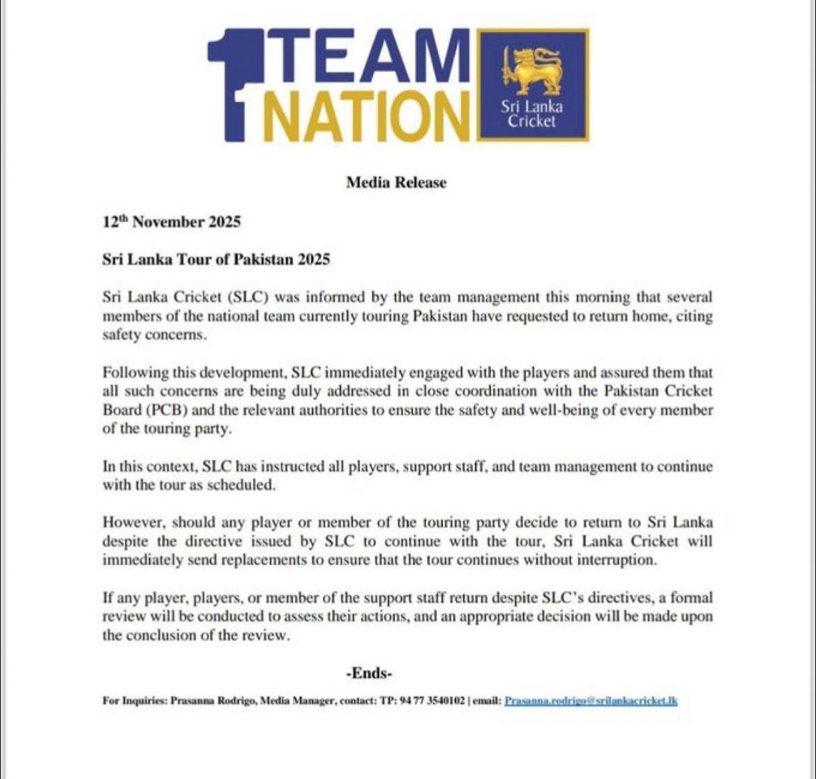 🚨 The Sri Lankan cricket team will complete its Pakistan tour. If any player opts to return home, the Sri Lankan Cricket Board will send a replacement.