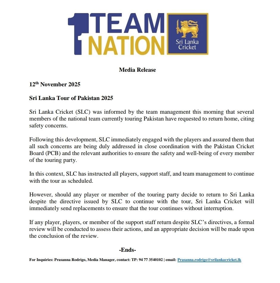 SriLankaTweet's tweet photo. SLC: Tour of Pakistan continues as planned. Players raising safety concerns assured of full protection with PCB &amp; authorities. Replacements ready if anyone leaves. No disruptions. #SLvPAK #Cricket https://t.co/Srb2Aawz4X