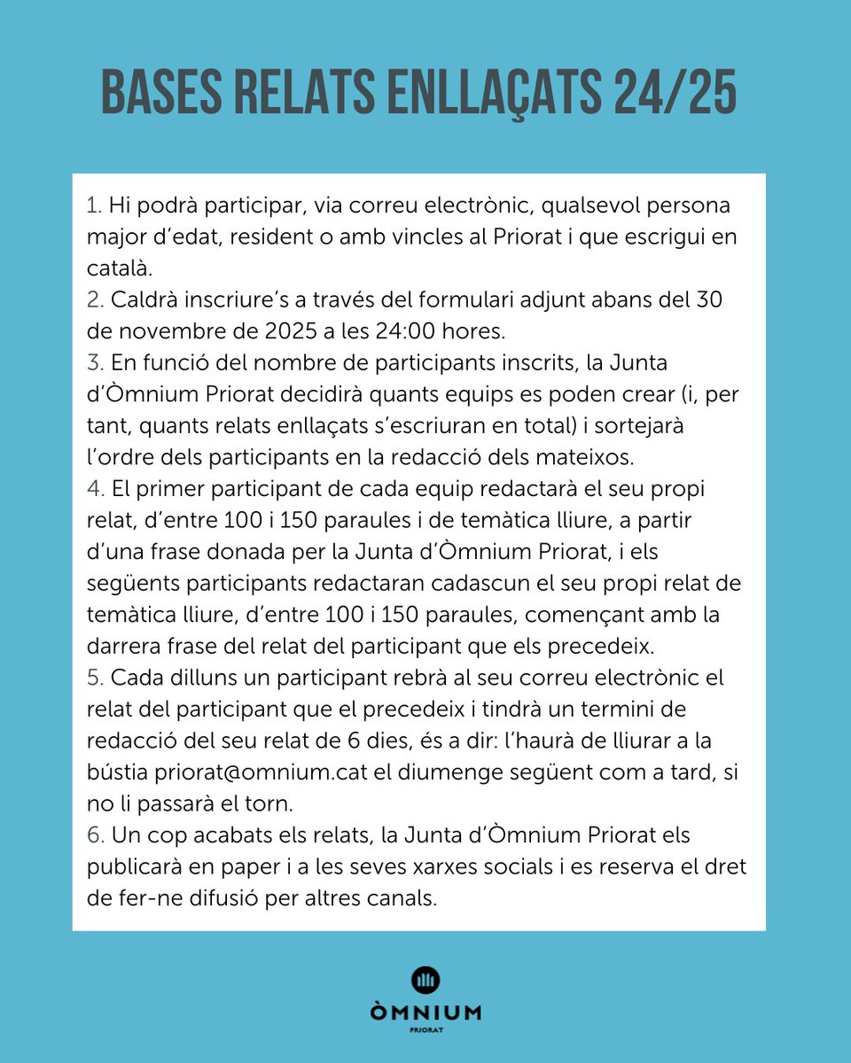✏️ RELATS ENLLAÇATS 2025

📅 Fins al 30 de novembre et pots inscriure a la 6a edició dels Relats enllaçats. 

👀 Consulta les bases.

➡️ Inscripcions a: ja.cat/relats25