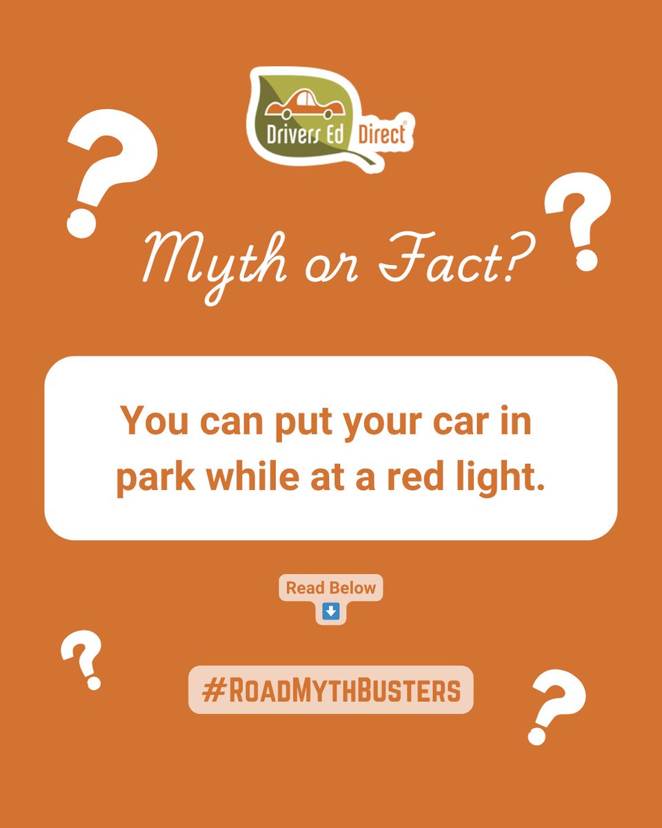 DriversEdDirect's tweet image. Myth or Fact?
“You can put your car in park while at a red light.”

🚫 Myth Busted!
While technically possible in an automatic, it’s unsafe. Keep your foot on the brake to remain ready to move, and avoid unnecessary wear on the transmission.

#DrivingTips #DrivingSchool