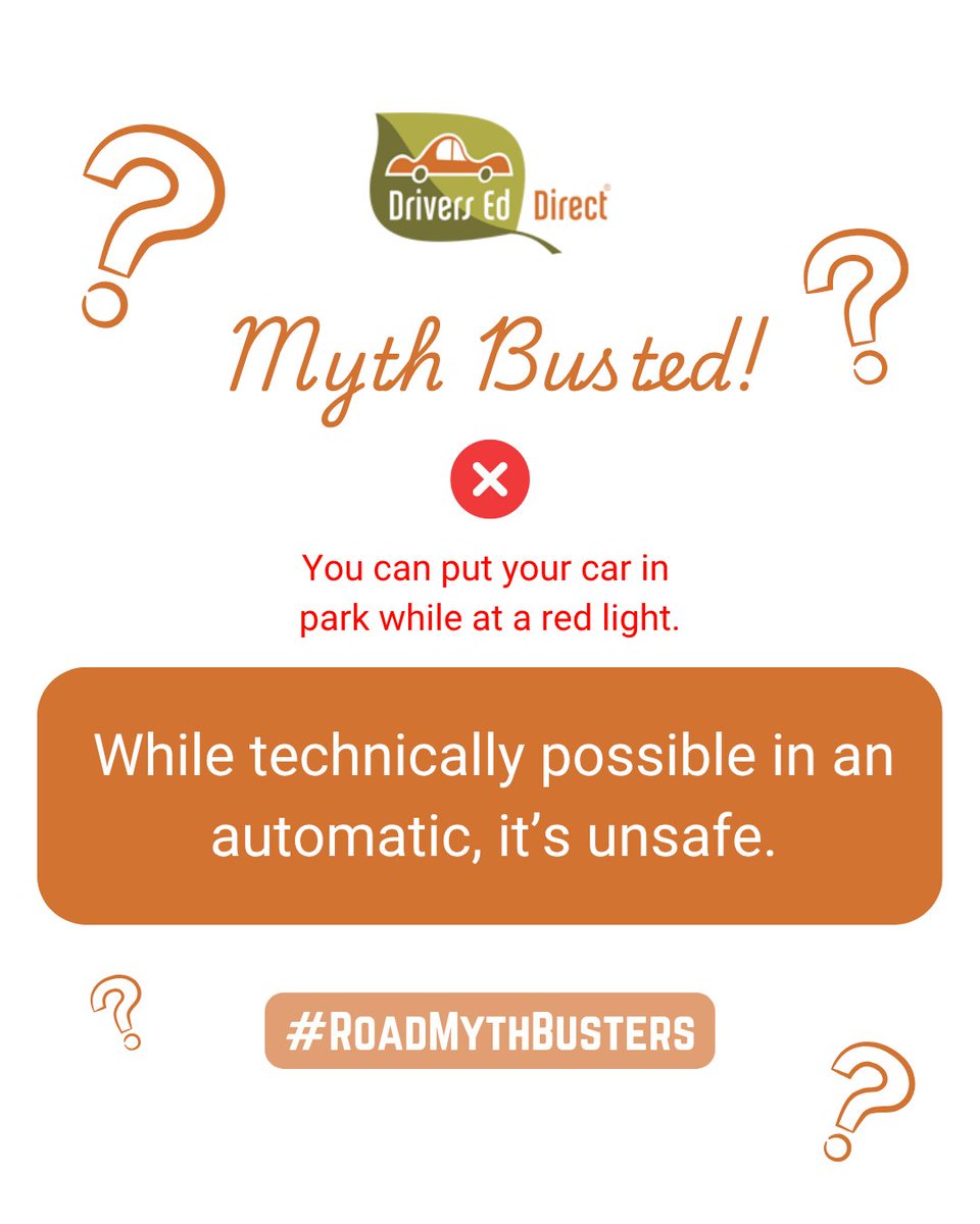 DriversEdDirect's tweet image. Myth or Fact?
“You can put your car in park while at a red light.”

🚫 Myth Busted!
While technically possible in an automatic, it’s unsafe. Keep your foot on the brake to remain ready to move, and avoid unnecessary wear on the transmission.

#DrivingTips #DrivingSchool