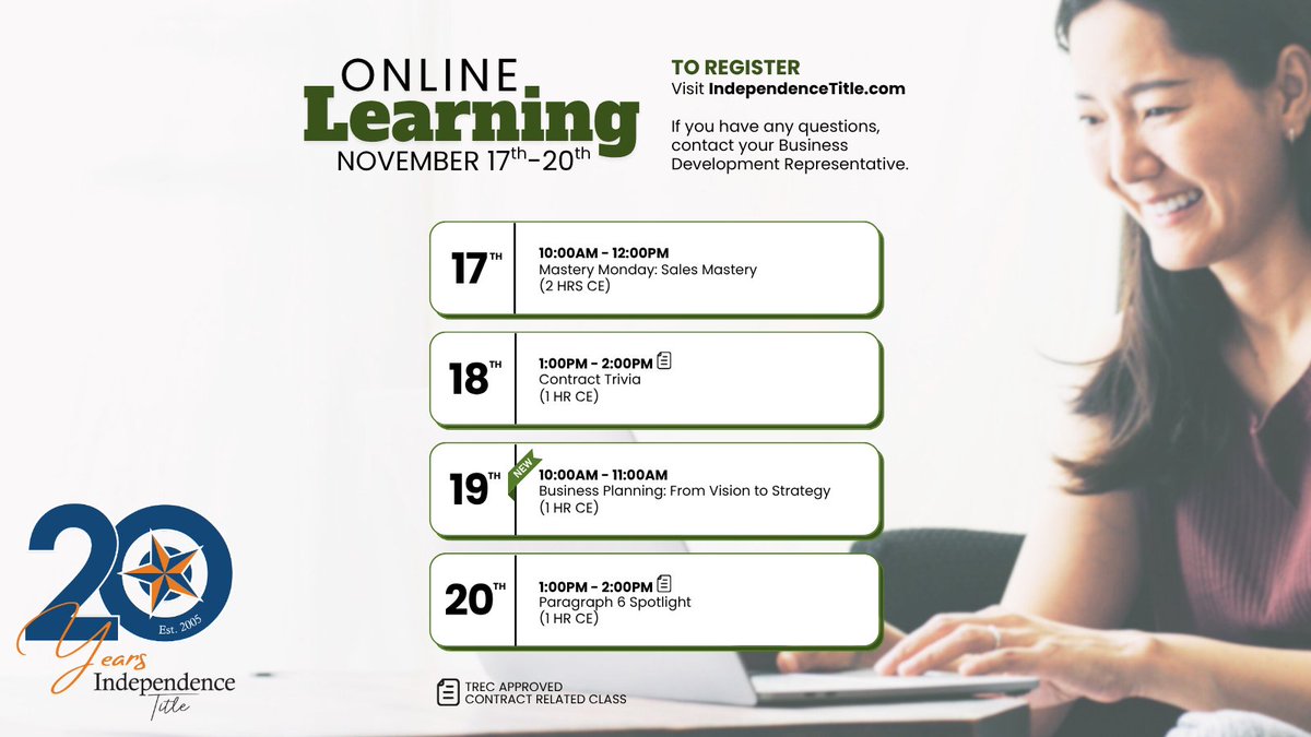 IndependenceTX's tweet image. 📚🏡 Real Estate CE Classes This Week!

Earn hours, sharpen your skills &amp;amp; grow your business with our upcoming CE opportunities. 🙌

🔗 tinyurl.com/n5c842rk

#RealEstateEducation #ContinuingEd #IndependenceTitle