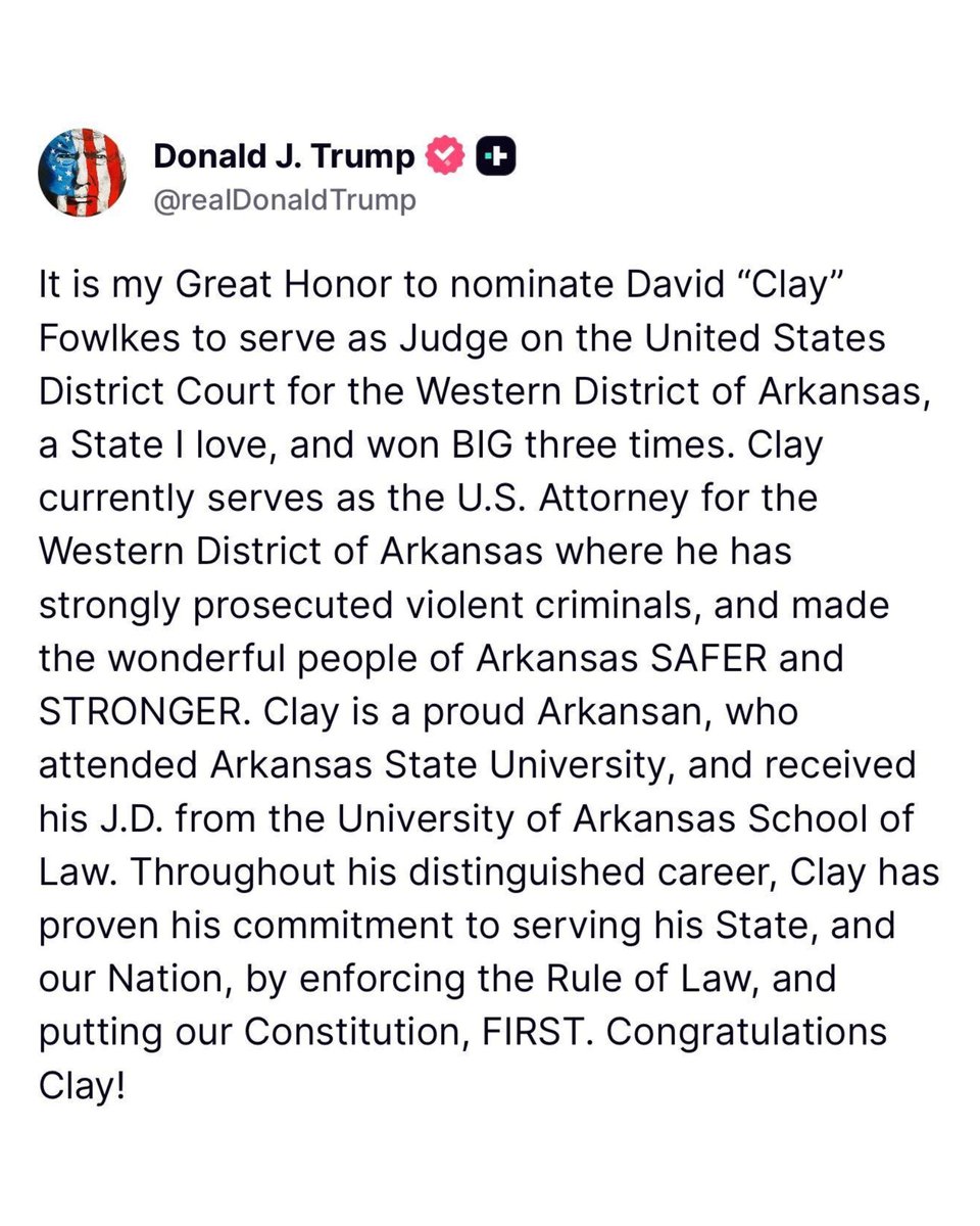 EricLDaugh's tweet image. 🚨 JUST IN: Another BRUTAL loss for the left-wing activist judges as President Trump names TWO conservative nominees to the federal judiciary

- Nick Ganjei, District Court for the Southern District of Texas
- David Fowlkes, District Court for the Western District of Arkansas…
