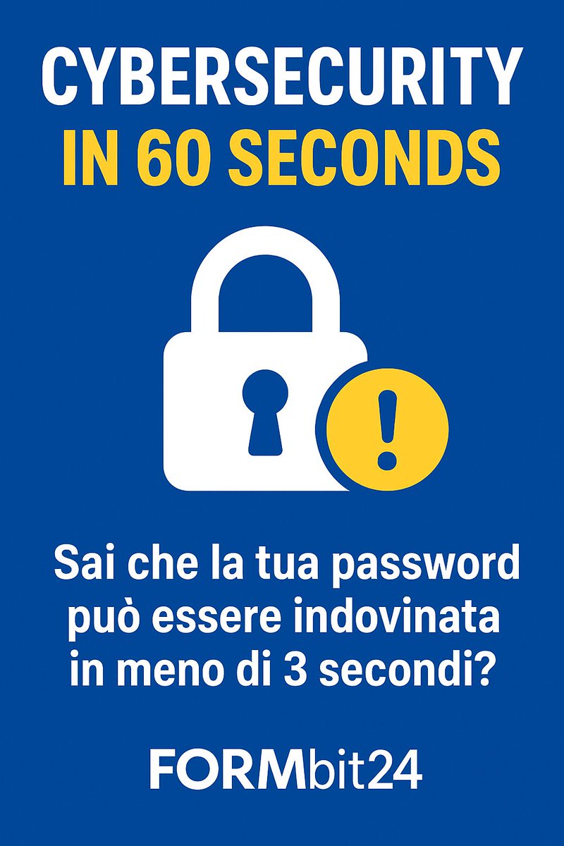 Formbit24's tweet image. Sai che la tua password può essere indovinata in meno di 3 secondi?
Tu quante volte cambi la tua password? 
Guarda video qui: youtube.com/shorts/L1jhuBH…
Scrivilo nei commenti.

#CyberSecurity #FormBit24 #SicurezzaInformatica #PasswordSicure #Hacking #BruteForce #PasswordManager #MFA