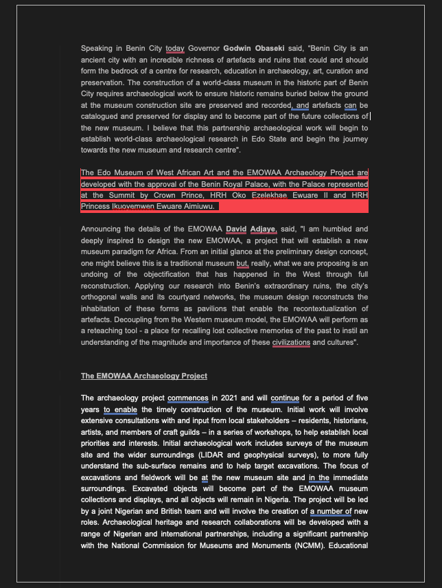 The 2019 Benin Dialogue Group agreed on a Royal Museum.

By 2020, the Legacy Restoration Trust + British Museum launched EMOWAA “with Palace approval.”

Today it’s MOWAA; “independent,” non-profit, but with unclear ownership.